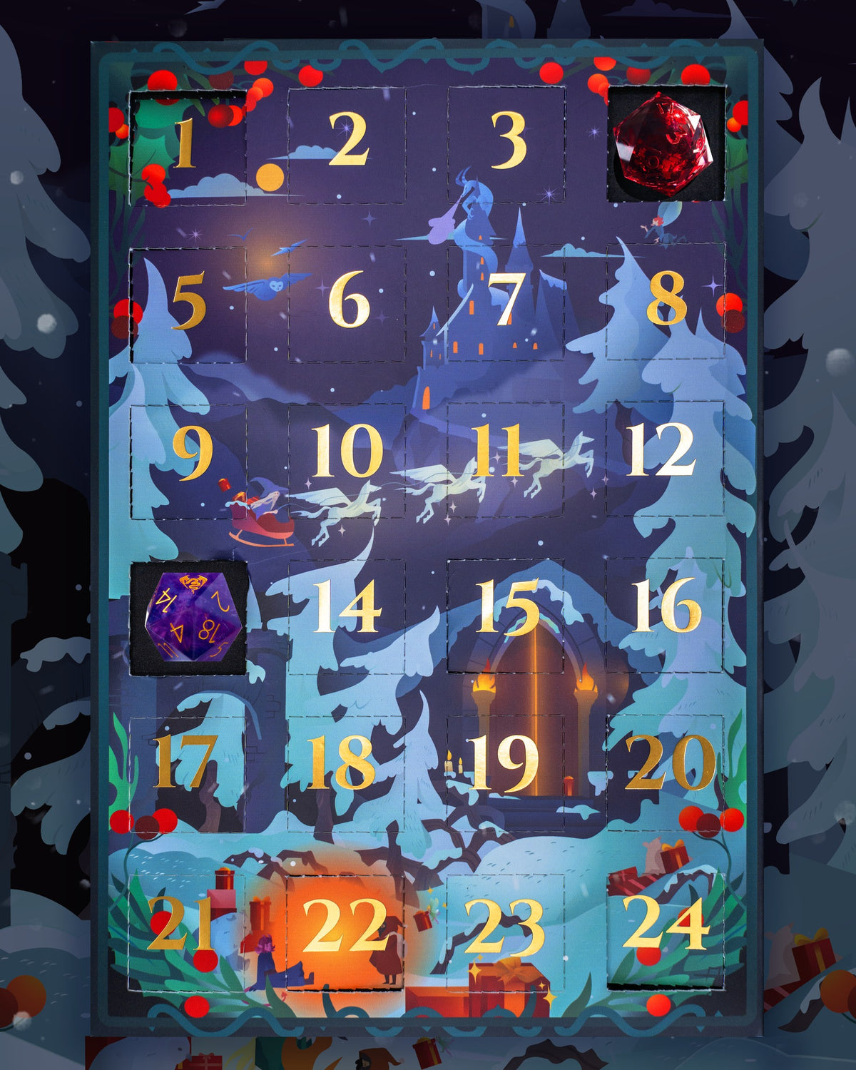 The Dragon's Dice Hoard advent calendar, doors 4 and 13 open