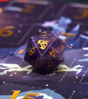 Close-up of the amethyst d20 on its open door